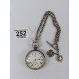 OMEGA POCKET WATCH 1717364 WITH HALL MARK SILVER ALBERT CHAIN & FOBS