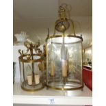 2 X BRASS & GLASS HANGING LIGHTS