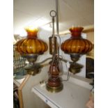 CONVERTED DOUBLE OIL LAMP WITH AMBER GLASS SHADES