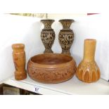 QUANTITY OF WOODEN ITEMS INCLUDING CARVED CANDLESTICKS