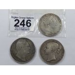 3 COINS - GEORGE 111 1819 CROWN, WILLIAM 1V 1836 CROWN, QUEEN VICTORIA 1844 CROWN