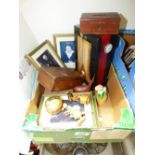BOX OF MIXED WOODEN ITEMS & PRINTS