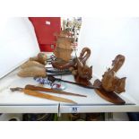 MIXED LOT OF WOODEN ITEMS INCLUDING WALL SHELVES WITH ELEPHANT HEAD & BOAT SHAPED TABLE LAMP