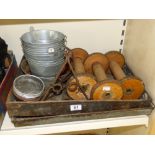 2 METAL TRAYS, 3 WOODEN REELS, TRIVETS & METAL BUCKETS