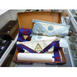 CASED MASONIC ITEMS INCLUDING 3 APRONS, SASH & EPHEMERA