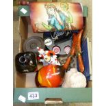 BOX OF MIXED ITEMS INCLUDING POKER CHIPS & WOODEN TOBACCO JAR