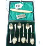 BOXED SET OF HALL MARKED SILVER SPOONS, BIRMINGHAM 1904 -05 43.56 GRAMS + A LE GRELOT CUT THROAT