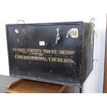METAL DEED BOX, MARKED SUSSEX COUNTY TRUST DEEDS, CONGREGATIONAL CHURCHES WITH KEY 58CM W 41CM H