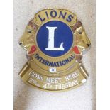 GOLD GILT PAINTED LIONS INTERNATIONAL CLUB ALLOY MEETING SIGN 52 X 44 CMS