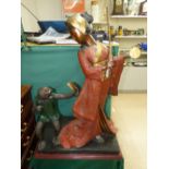JAPANESE GEISHA MUSICIAN & MONKEY WITH FAN, COLD PAINTED BRONZE ON MOUNT 115 CM H 70CM W 45CM D