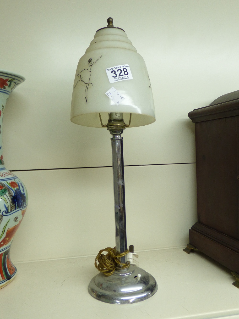 ART DECO CHROME BASED TABLE LAMP WITH BALLERINA DECORATION TO GLASS SHADE