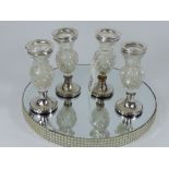 SET OF 4 HALL MARKED SILVER MOUNTED CUT GLASS VASES ( 1 A/F) 10 CMS
