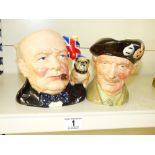 2 X ROYAL DOULTON CHARACTER JUGS, WINSTON CHURCHILL & MONTY