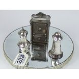 2 X HALL MARKED SILVER PEPPER POTS + CONTINENTAL WHITE METAL MONEY BOX