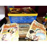 QUANTITY OF VINTAGE COMIC, MAINLY BEANO + 1920s /30s WOODEN BOX OF LOTTS BRICKS