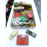 BOX OF CURIOS INCLUDING DINKY CARS & VINTAGE TINS