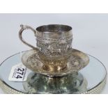 ASIAN, WHITE METAL CUP & SAUCER