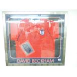 FRAMED & GLAZED DAVID BECKHAM SIGNED ENGLAND TOP WITH CERTIFICATE OF AUTHENTICITY, 77 X 87 cm