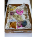 BOX OF GEM STONES INCLUDING RAW AMBER, CRYSTALS & TOURMALINE