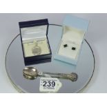 STEWART OXLEY CUP 1938, HALL MARKED SILVER SPOON + 925 SILVER LOCKET & CHAIN + PAIR OF EARRINGS