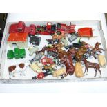 QUANTITY OF VINTAGE VEHICLES & ANIMALS INCLUDING DINKY & BRITAINS
