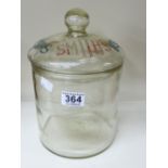 1929 ETCHED GLASS, SMITHS CRISPS, LIDDED ADVERTISING STORAGE JAR