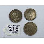 3 X COINS 1889, QUEEN VICTORIA CROWN, 1887 QUEEN VICTORIA DOUBLE FLORIN, 1939 GEORGE V1 CROWN