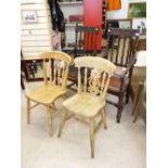 2 CARVED BACK ARMCHAIRS & 2 PINE KITCHEN CHAIRS