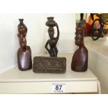 3 CARVED AFRICAN HEADS & WOODEN PRINTING BLOCK