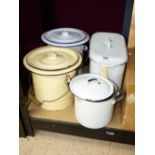 3 ENAMEL LIDDED BUCKETS / CONTAINERS + ENAMEL 'BREAD' BIN