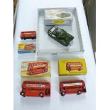 DINKY, MATCHBOX & BUDGIE DIE CAST VEHICLES,3 X BUSES 1 X TANK + BOXES