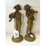 PAIR OF 19th CENTURY SPELTER FIGURES OF YOUNG BOYS WITH PIPES, 1 X A/F 23 CMS