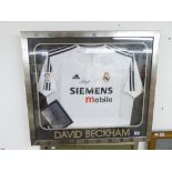 FRAMED & GLAZED DAVID BECKHAM SIGNED REAL MADRID TOP WITH CERTIFICATE OF AUTHENTICITY, 77 X 87 cm