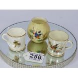 2 ROYAL WORCESTER MINIATURE MUGS WITH PAINTED BIRDS + SIMILAR VASE