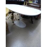WHITE METAL BASE PEDESTAL DINING TABLE WITH WOODEN TOP