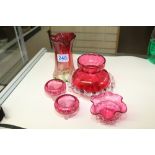 5 PIECES OF CRANBERRY GLASS, 2 X A/F