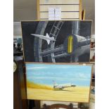 2 X R SHAW PAINTINGS, BOTH RELATING TO SPACE TRAVEL, 103 X 63 & 105 X 67 CMS