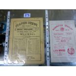 5 X VINTAGE FOOTBALL PROGRAMMES, CLAPTON ORIENT v MILLWALL 1937, BISHOP AUCKLAND v WILLINGTON, LUTON