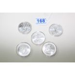 5 X USA 1 oz FINE SILVER ONE DOLLAR COINS 2008-2012 INCLUSIVE