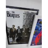 FRAMED BLACK & WHITE BEATLES PHOTOGRAPH WITH 2 X 7 INCH RECORDS. 65 X 43 CMS