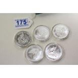 5 X USA 1oz FINE SILVER ONE DOLLAR COINS 1988, 1991, 1995, 2002 & 2007