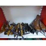QUANTITY OF ANTIQUE DUTCH ICE SKATES, 1 WITH BOOTS + PAIR OF SHOE STRETCHERS