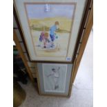 2 X FRAMED VANITY FAIR CRICKETEER PRINTS + 1 X WATERCOLOUR OF A BEACH SCENE