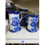 3 X BLUE & WHITE GRADUATED CERAMIC JUGS