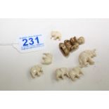 6 X CARVED BONE ELEPHANTS & 1 FIGURE