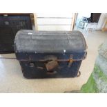 VINTAGE,DOME TOPPED FABRIC COVERED WICKER TRUNK