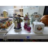 ASSORTED CONTINENTAL CERAMIC FIGURES + GLASS FRUIT