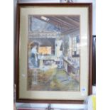 SIGNED WATERCOLOUR BY SALLY COOPER OF A BLACKSMITH AT WORK H 88CM X W 68CM