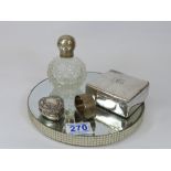 HALLMARKED SILVER TOPPED BOTTLE, HALLMARKED SILVER COVERED BOX, HALLMARKED SILVER NAPKIN RING + PILL