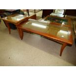 2 X GLAZED TOP WICKER AND WOOD COFFEE TABLES